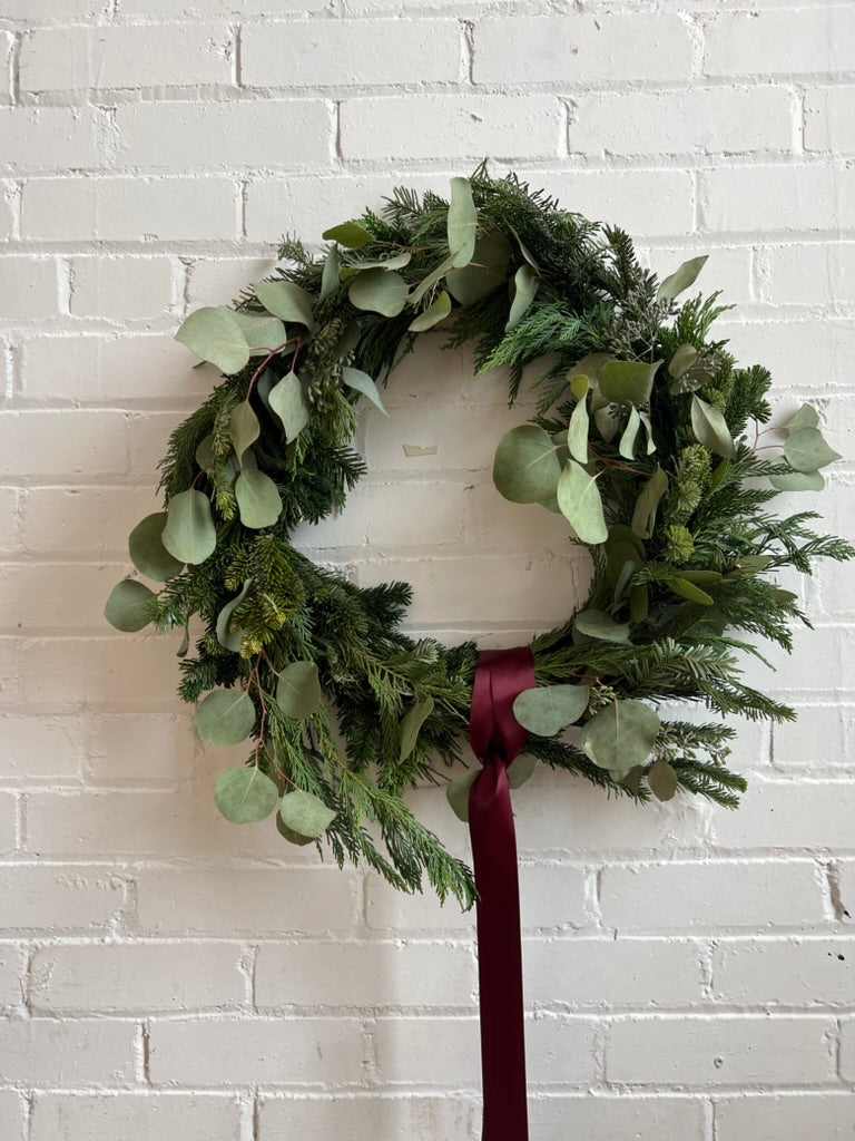 Fresh Holiday Wreath with Winter Greens and Eucalyptus