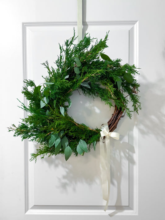 Fresh Holiday Grapevine Wreath with Winter Greens & Eucalyptus